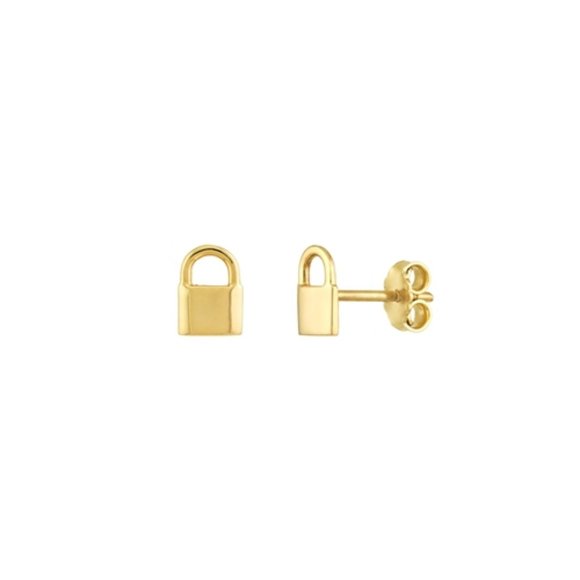 14K Yellow Gold Padlock Design Mini Baby Stud Earrings